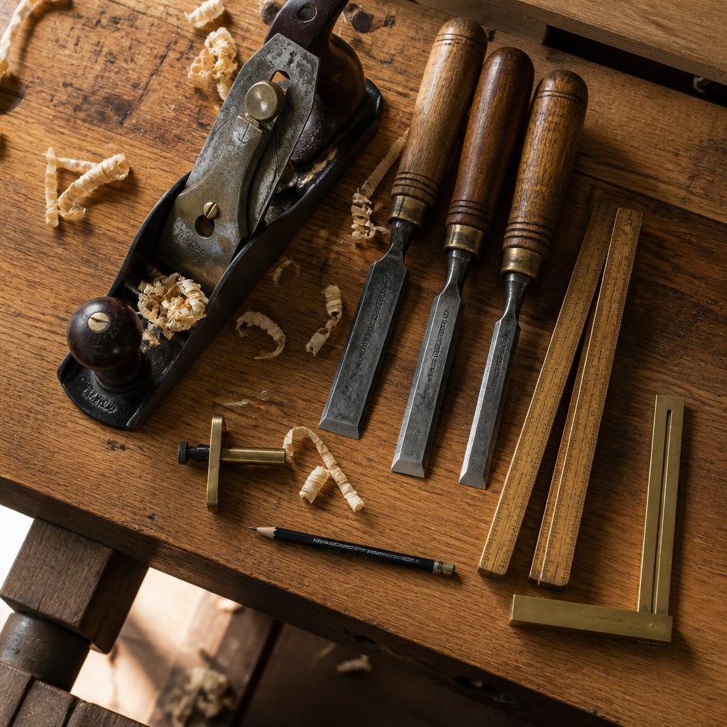 Carpentry hand tools on finished oak