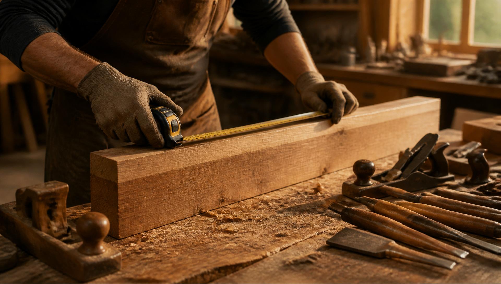 Carpenter measuring oak timber in a workshop